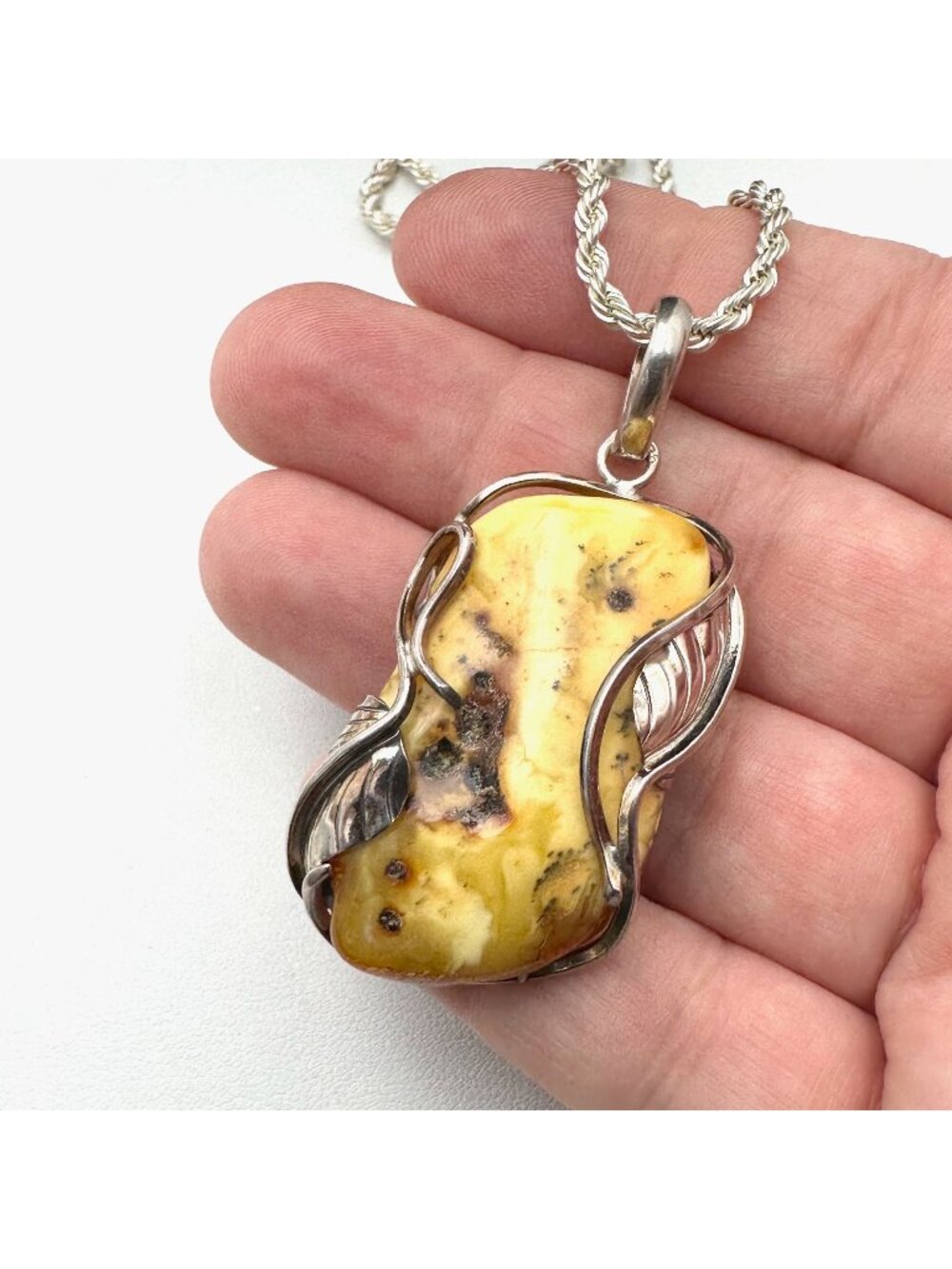 Vintage Natural Amber Sterling Silver 2 Inch Pendant Necklace 18 Inch Chain